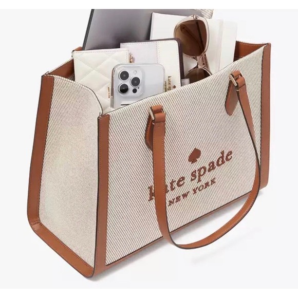 Kate Spade Ellie Large Tote Bag Canvas Brown Leather Shoulder Bag KF508 - Picture 2 of 9